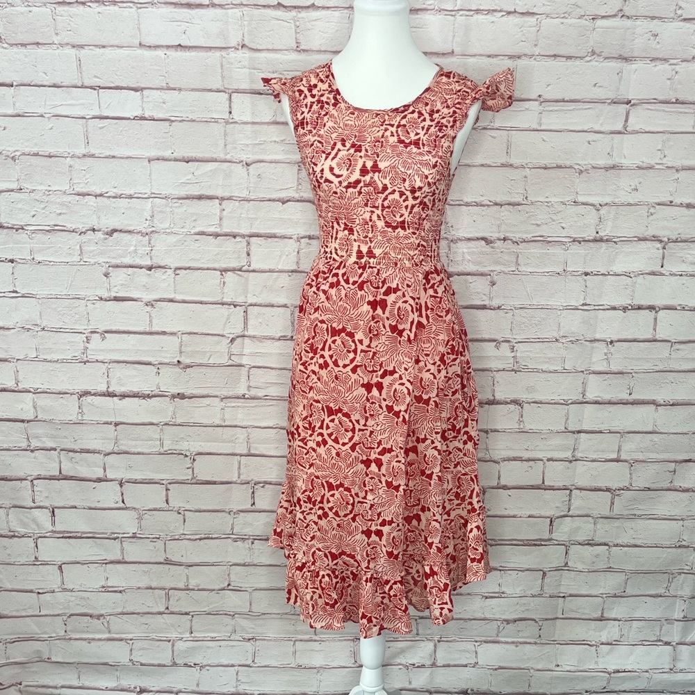 Banjanan Floral Smocked Ruffle Shoulder Midi Dress EUC Small